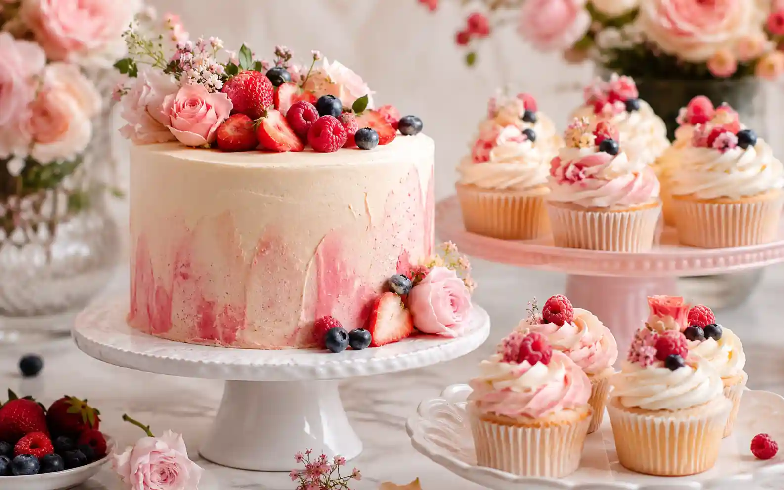 Pink berry cake with roses, strawberries, raspberries, blueberries, and frosted cupcakes on a pastel dessert table