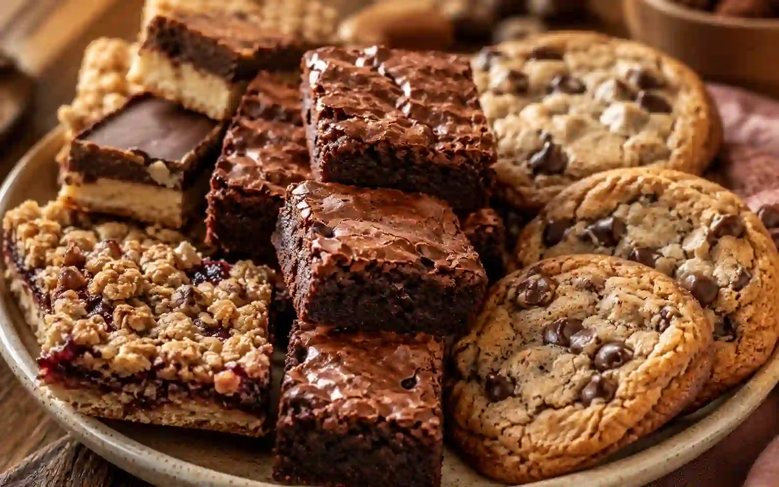 Assorted dessert platter with fudgy brownies, chocolate chip cookies, berry crumble bars, and layered cookie bars