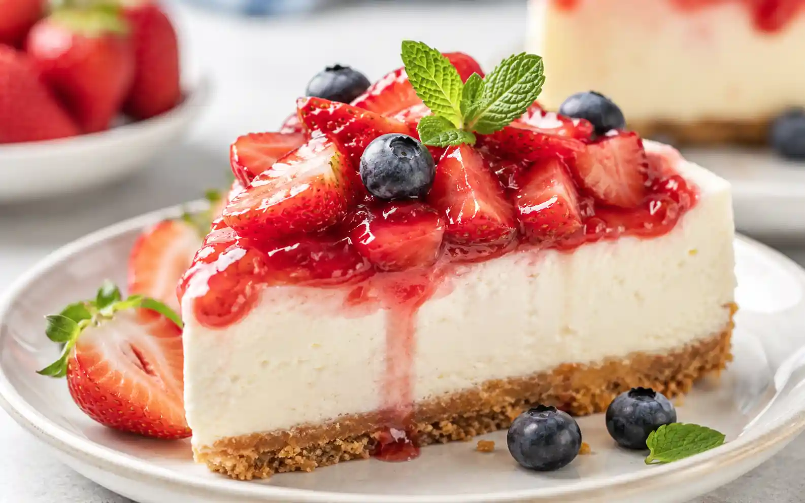 Strawberry cheesecake slice with fresh strawberries, blueberries, mint, and glossy berry sauce on a white plate