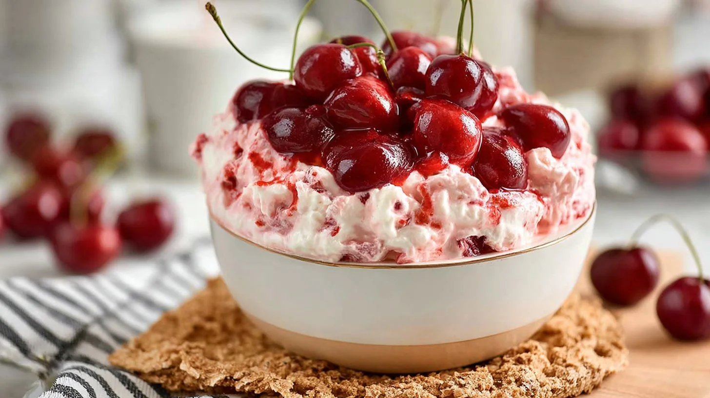 Delicious Cherry Cheesecake Fluff dessert in a serving dish