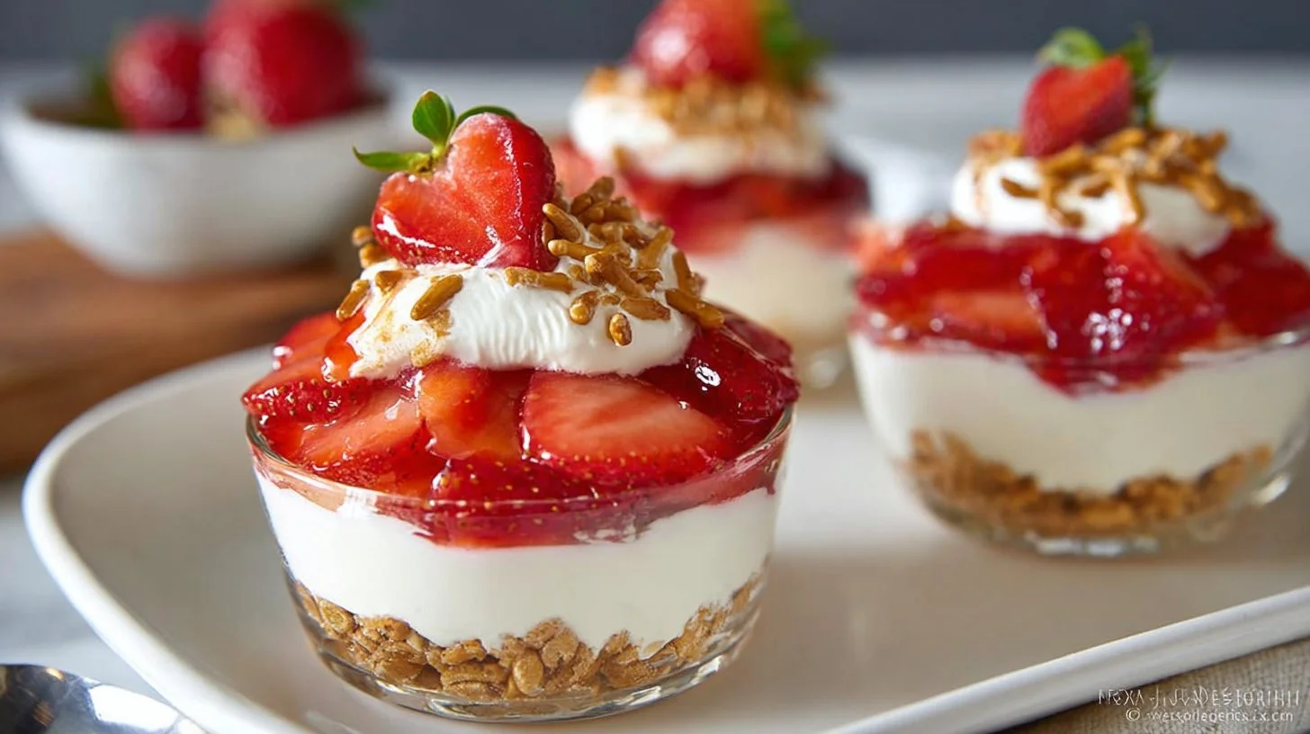 Delicious strawberry pretzel dessert cups topped with fresh strawberries