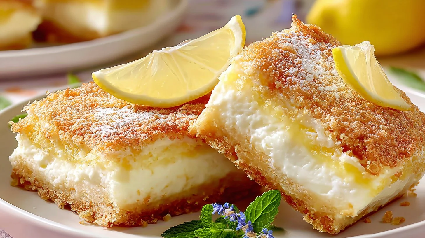 Deliciously tangy Lemon Cream Cheese Bars on a white plate