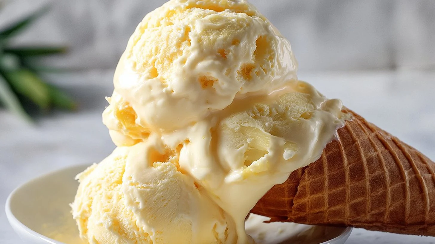 Delicious bowl of homemade pineapple ice cream served with fresh pineapple slices.