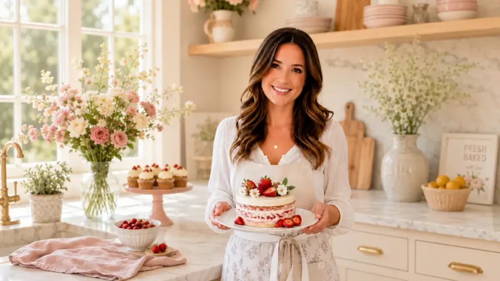Smiling baker holding a strawberry cream cake in a bright floral kitchen with cupcakes, fresh berries, and pastel spring decor