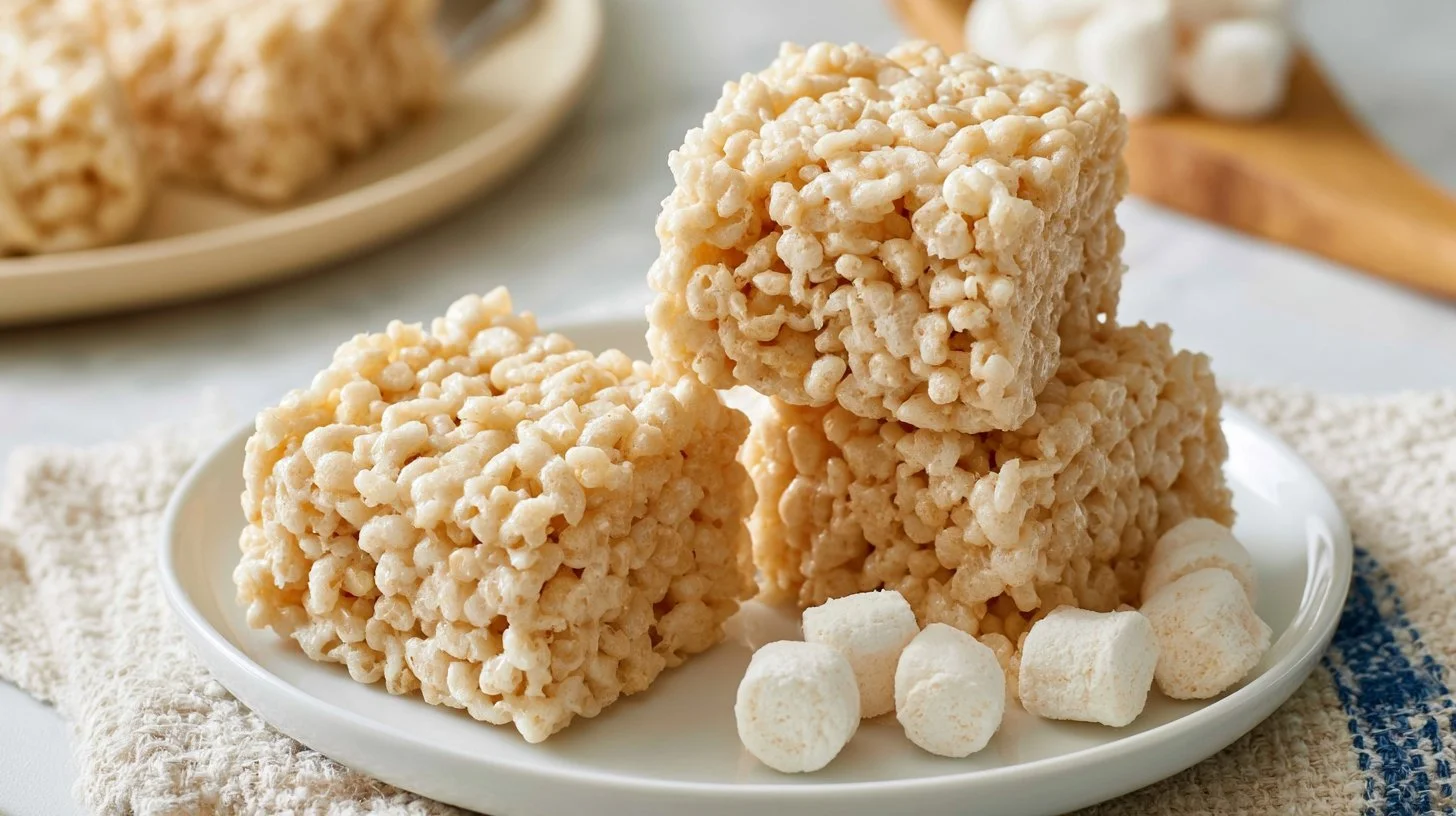 Delicious homemade marshmallow rice krispie treats on a plate
