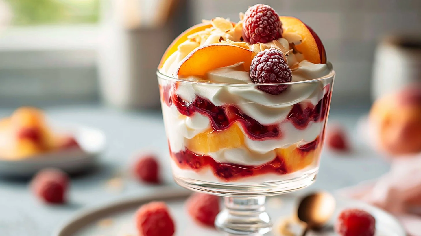 Greek Yogurt Parfait with Peaches and Raspberry Sauce