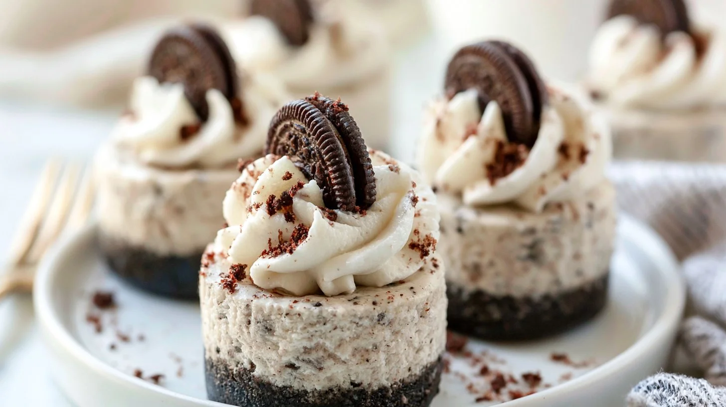 Mini Oreo cheesecakes topped with crushed Oreos and whipped cream.